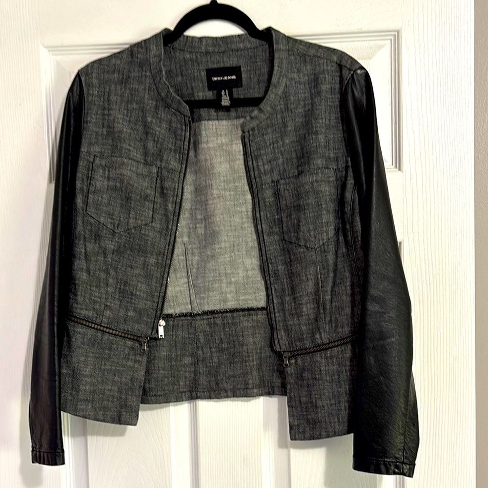Dkny Gray and Black Blazer with Modern Open Front
